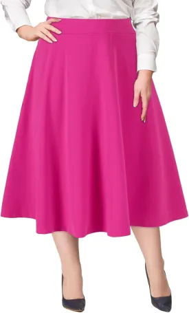 Moon Wood Women's Plus Size Midi Skirt High Elastic Waist A-Line Flared Skater Skirts with Pockets