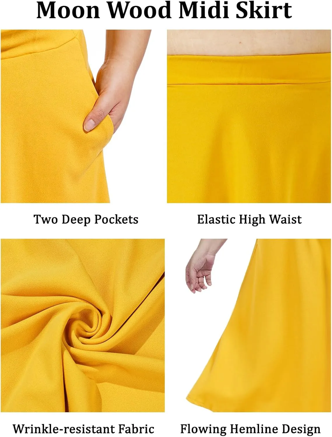 Moon Wood Women's Plus Size Midi Skirt High Elastic Waist A-Line Flared Skater Skirts with Pockets