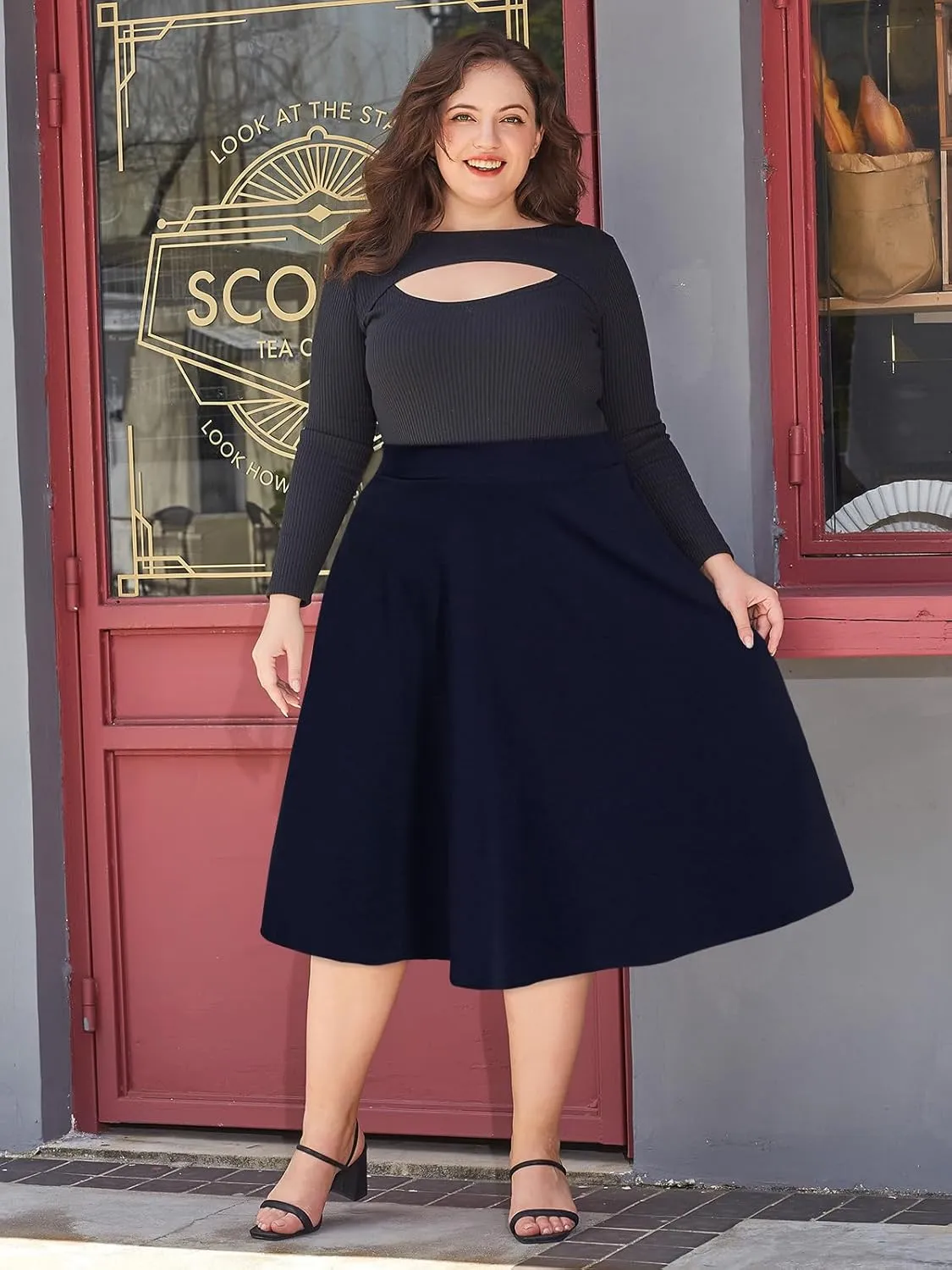 Moon Wood Women's Plus Size Midi Skirt High Elastic Waist A-Line Flared Skater Skirts with Pockets
