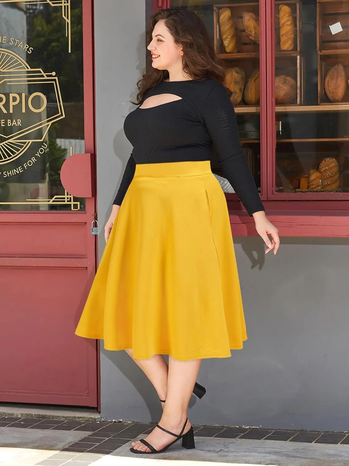 Moon Wood Women's Plus Size Midi Skirt High Elastic Waist A-Line Flared Skater Skirts with Pockets