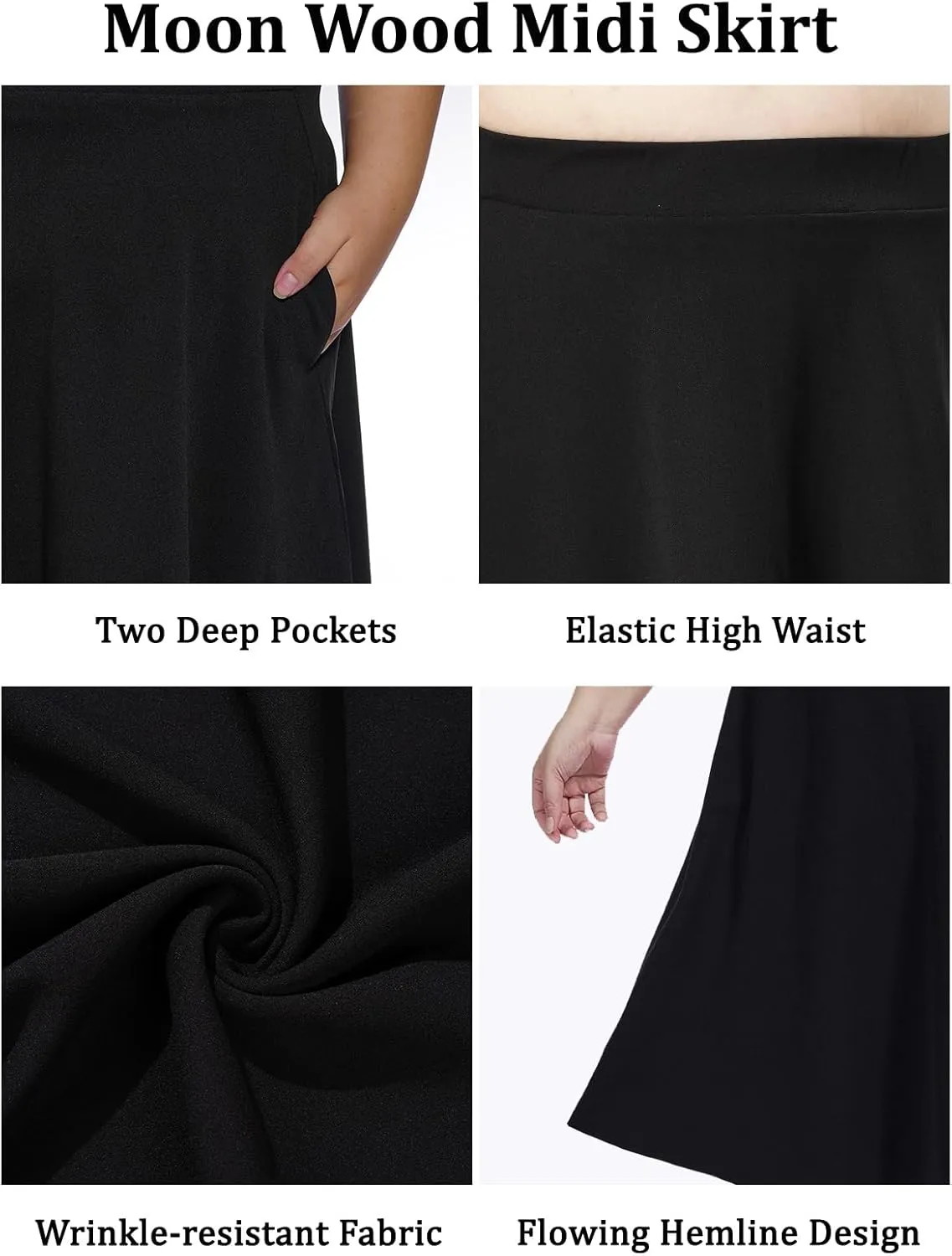 Moon Wood Women's Plus Size Midi Skirt High Elastic Waist A-Line Flared Skater Skirts with Pockets