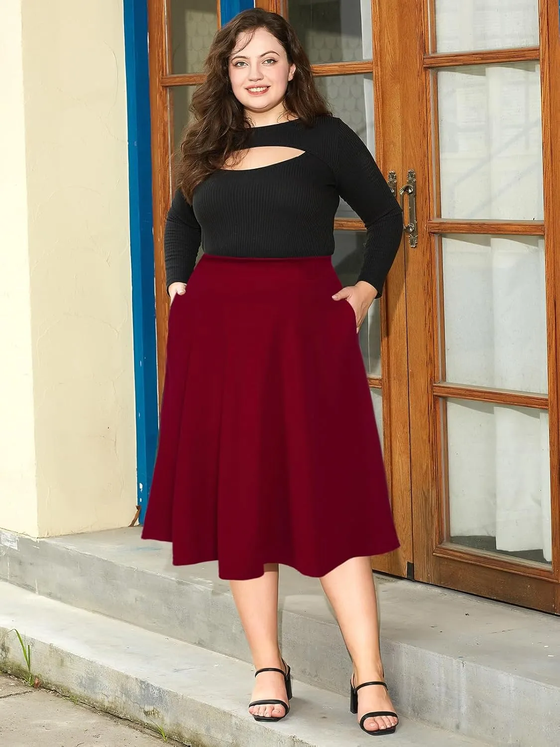 Moon Wood Women's Plus Size Midi Skirt High Elastic Waist A-Line Flared Skater Skirts with Pockets