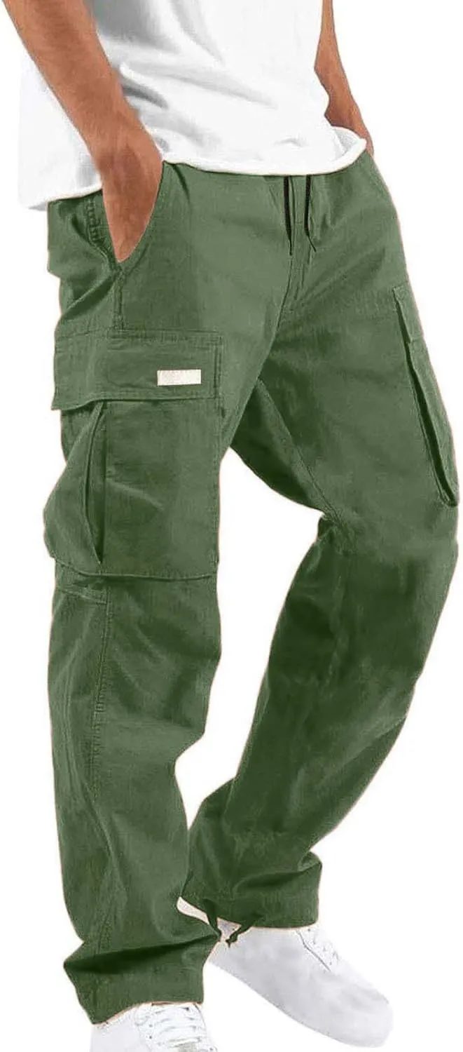 Muscularfit Cargo Pants for Men Big and Tall Elastic Waist Cotton Sweatpants Causal Solid Multi Pockets Joggers Athletic Pant