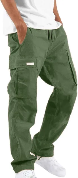 Muscularfit Cargo Pants for Men Big and Tall Elastic Waist Cotton Sweatpants Causal Solid Multi Pockets Joggers Athletic Pant