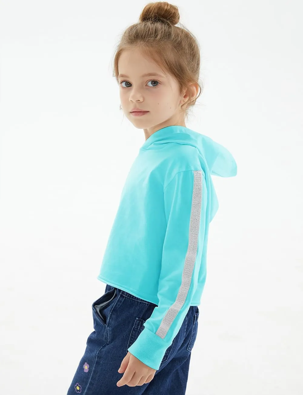 Noomelfish Girls Sparkle Long Sleeve Crop Tops Cropped Hoodies Pullover Sweatshirts (5-14 Years)