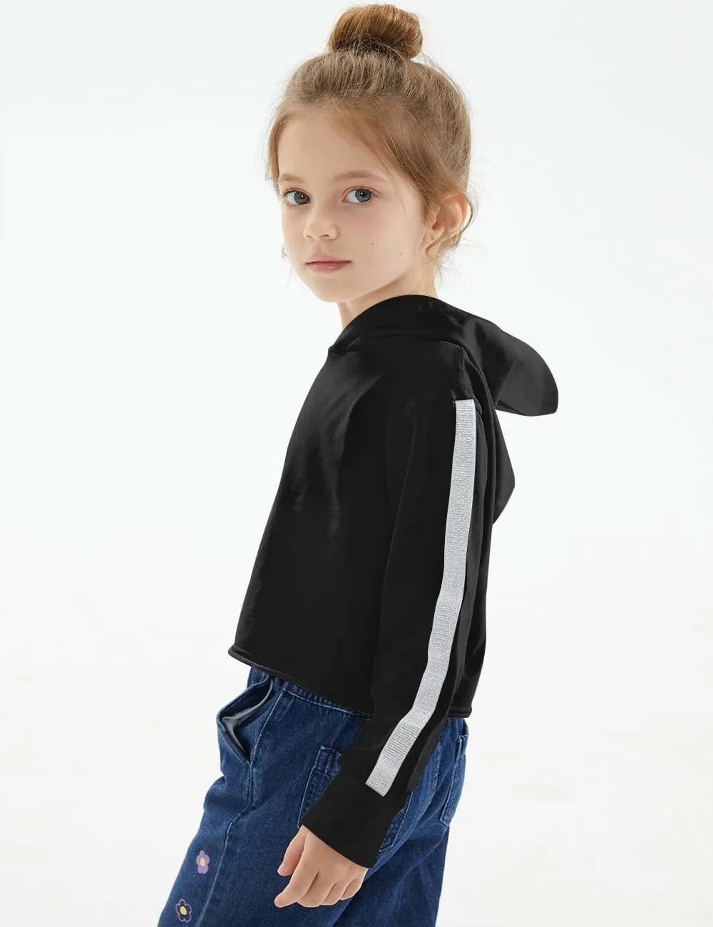 Noomelfish Girls Sparkle Long Sleeve Crop Tops Cropped Hoodies Pullover Sweatshirts (5-14 Years)