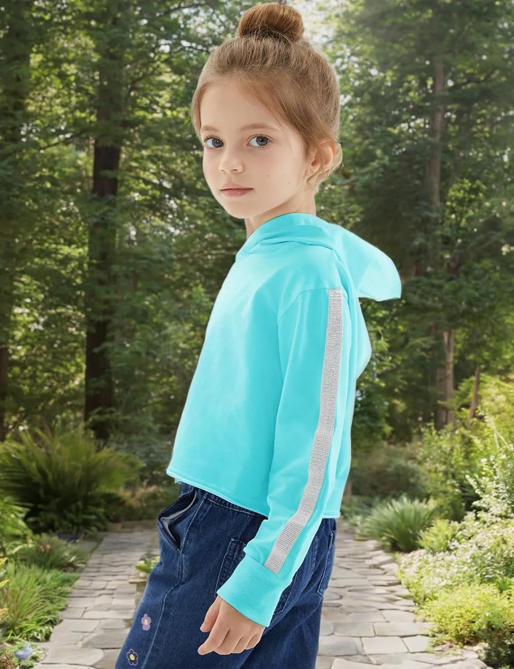Noomelfish Girls Sparkle Long Sleeve Crop Tops Cropped Hoodies Pullover Sweatshirts (5-14 Years)