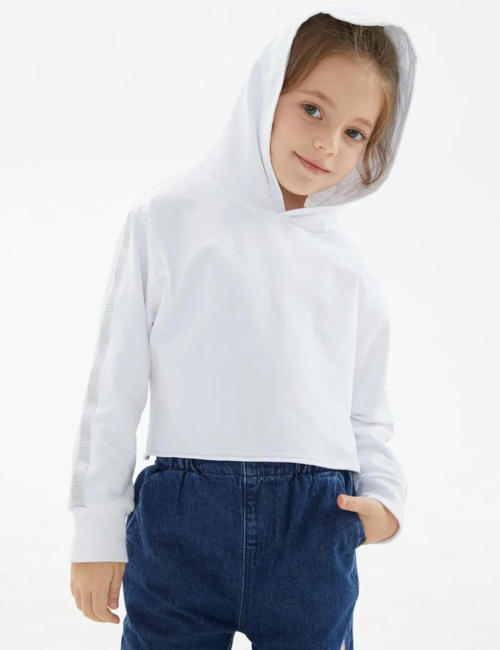 Noomelfish Girls Sparkle Long Sleeve Crop Tops Cropped Hoodies Pullover Sweatshirts (5-14 Years)