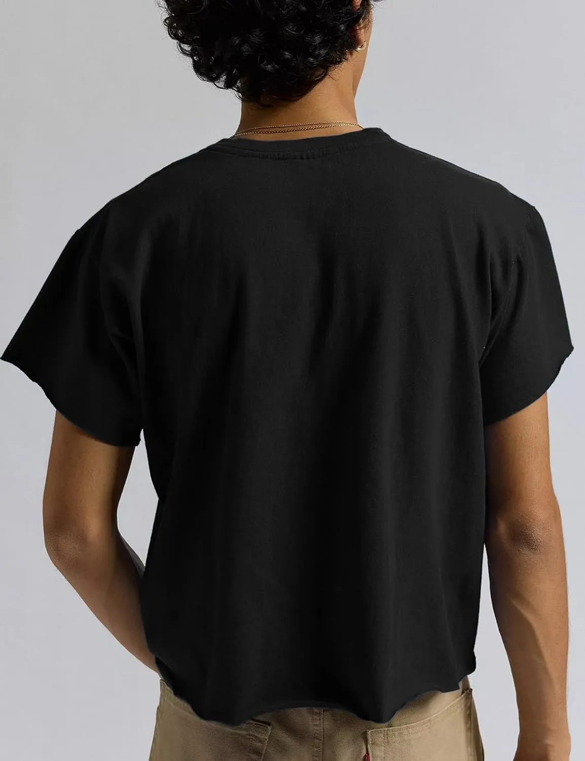 Orchidays Men's Boxy Cropped Raw Cut T Shirts Short Sleeve Round Neck Tee Casual Basic Tops