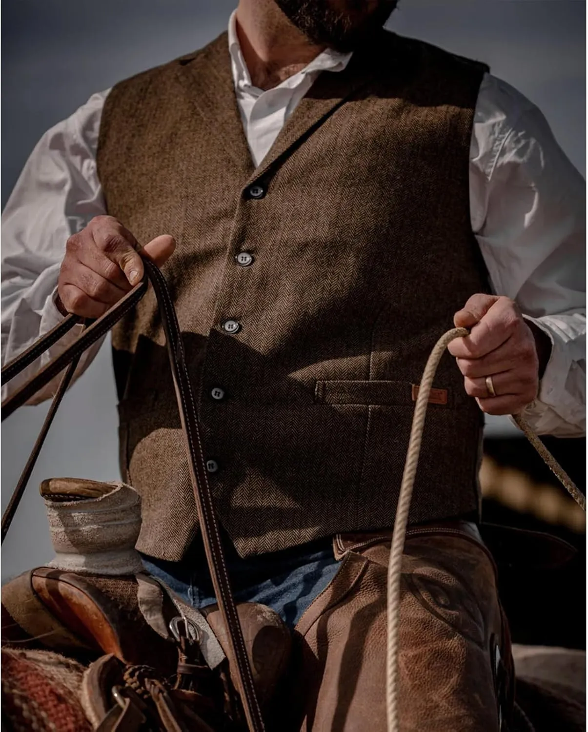 OUTBACK TRADING Men's Jessie Vest | Lightweight Button Down Wool Western Outdoor Vest with Adjustable Back Slide Belt