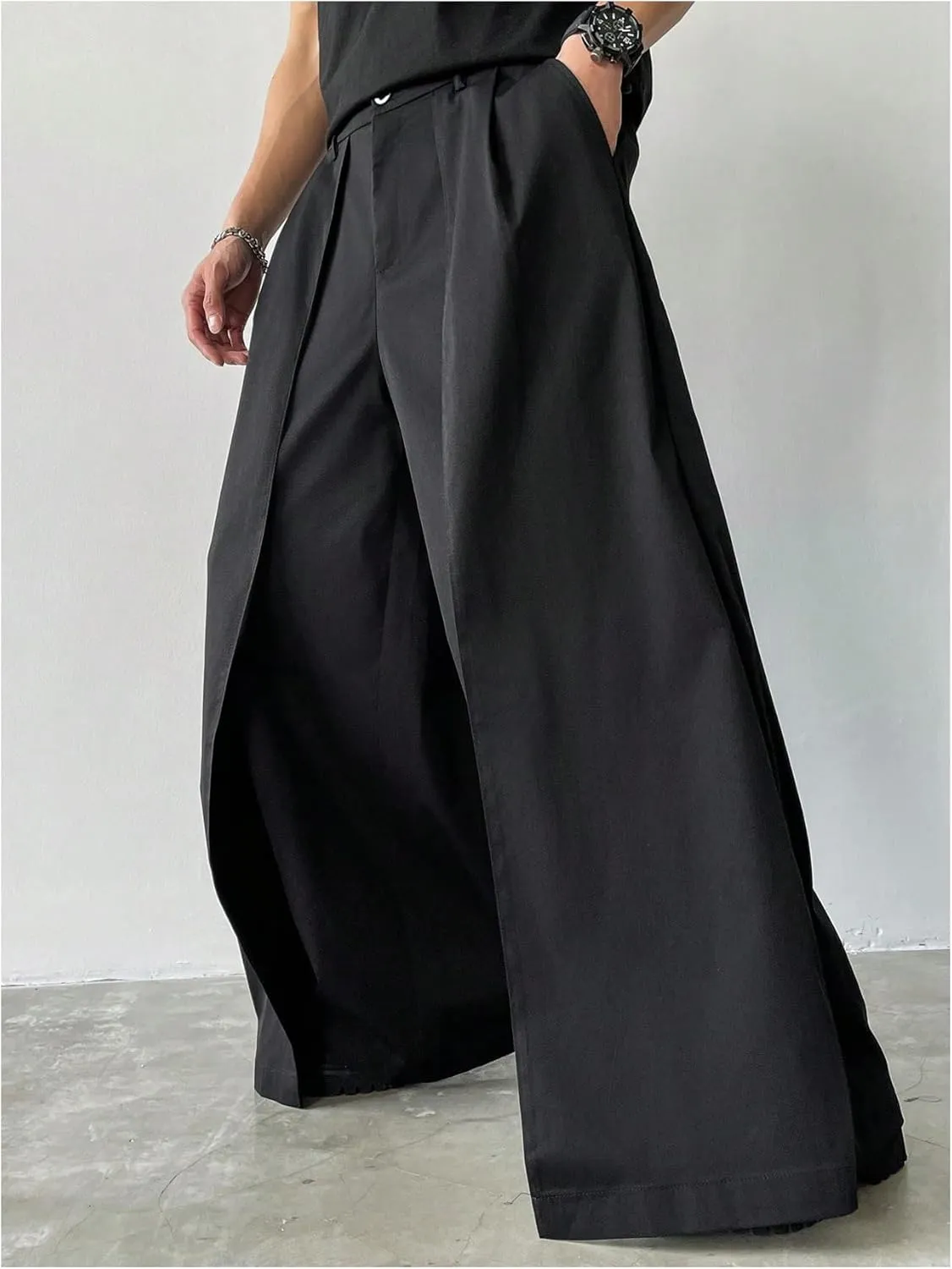 OYOANGLE Men's Baggy Wide Leg Pants Zipper Fly Pleated Trousers Business Casual Dress Pants with Pocket