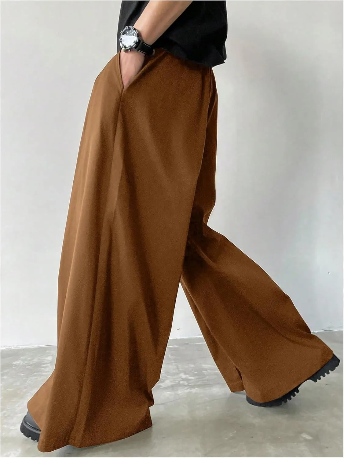 OYOANGLE Men's Baggy Wide Leg Pants Zipper Fly Pleated Trousers Business Casual Dress Pants with Pocket