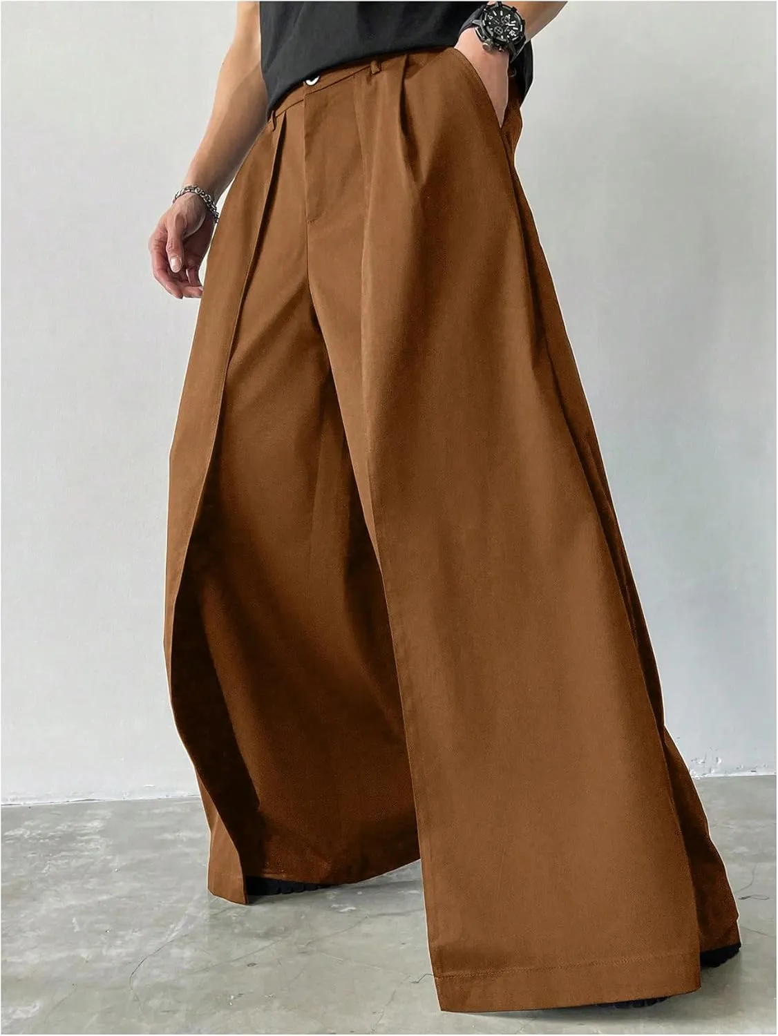OYOANGLE Men's Baggy Wide Leg Pants Zipper Fly Pleated Trousers Business Casual Dress Pants with Pocket