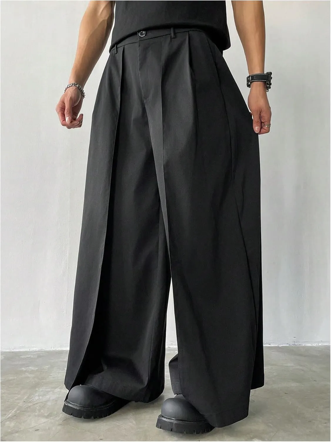 OYOANGLE Men's Baggy Wide Leg Pants Zipper Fly Pleated Trousers Business Casual Dress Pants with Pocket