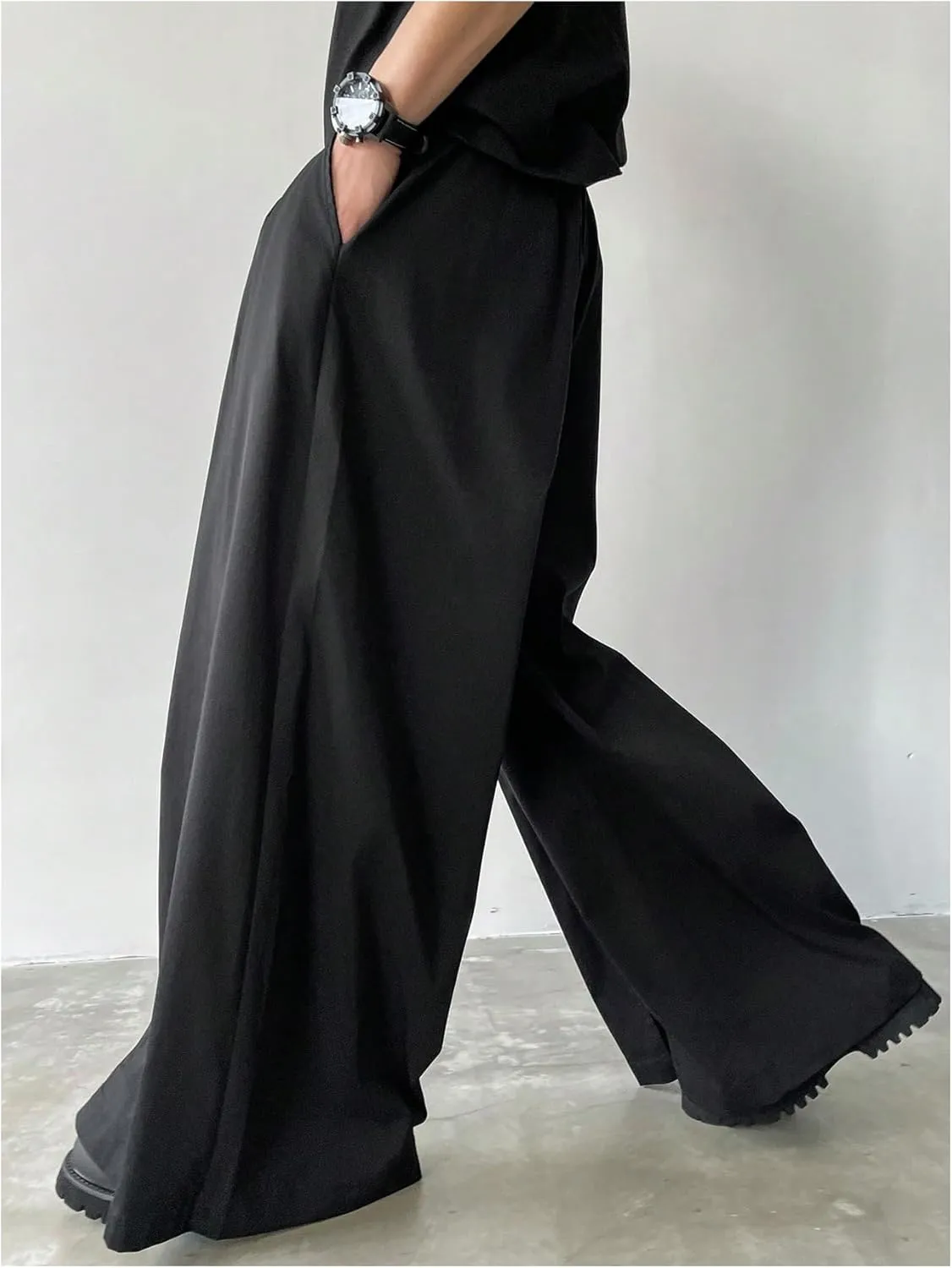 OYOANGLE Men's Baggy Wide Leg Pants Zipper Fly Pleated Trousers Business Casual Dress Pants with Pocket