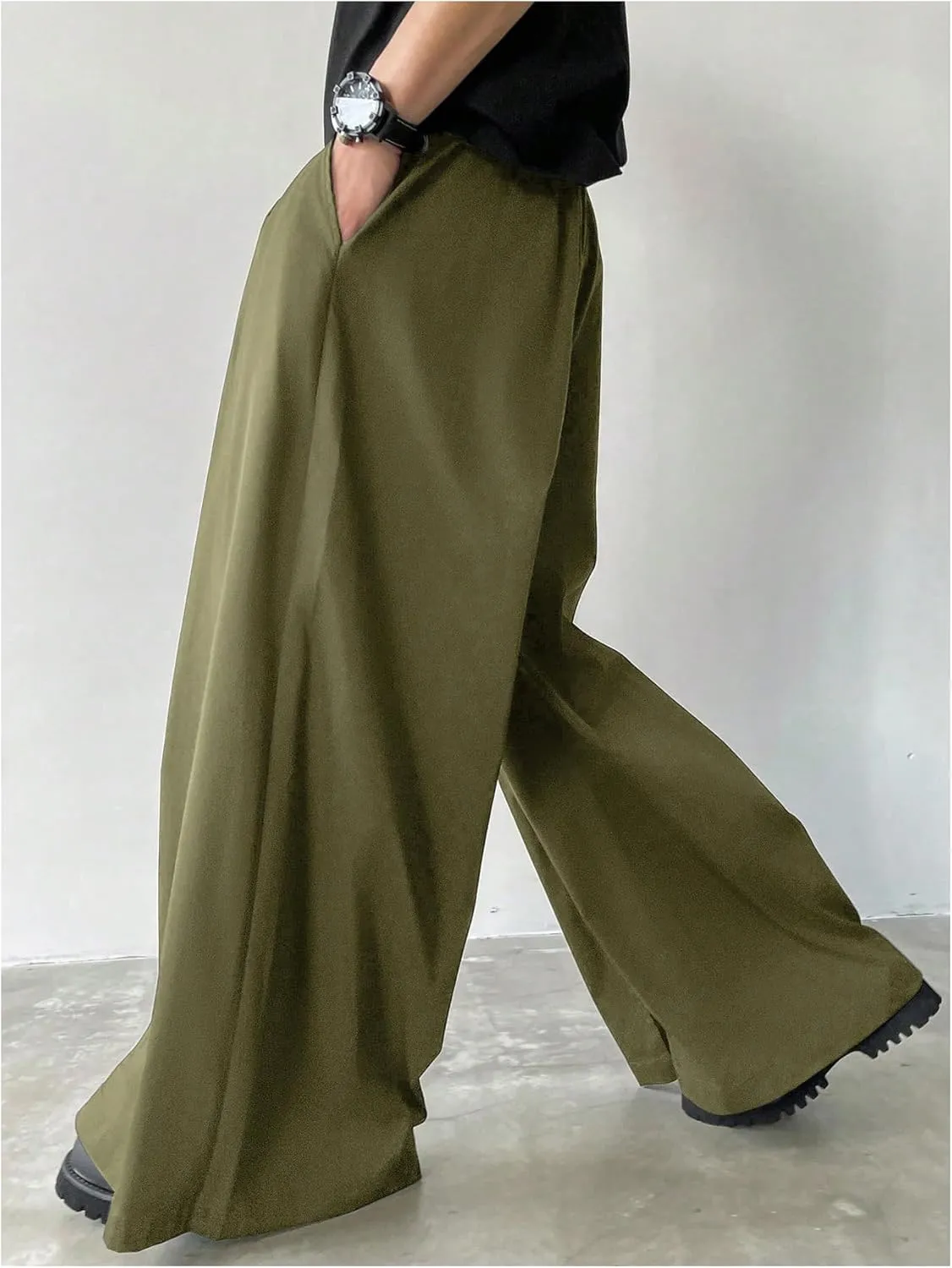 OYOANGLE Men's Baggy Wide Leg Pants Zipper Fly Pleated Trousers Business Casual Dress Pants with Pocket