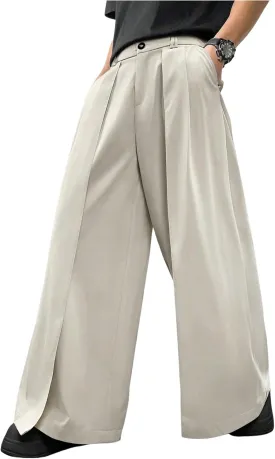 OYOANGLE Men's Baggy Wide Leg Pants Zipper Fly Pleated Trousers Business Casual Dress Pants with Pocket