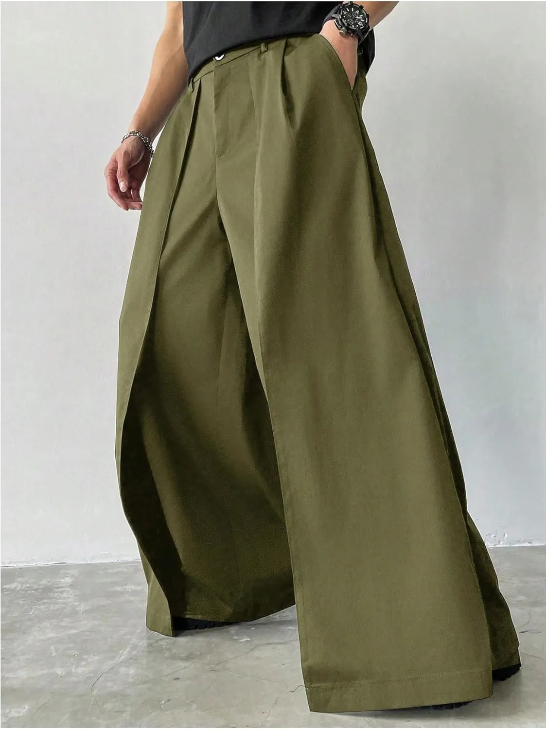OYOANGLE Men's Baggy Wide Leg Pants Zipper Fly Pleated Trousers Business Casual Dress Pants with Pocket