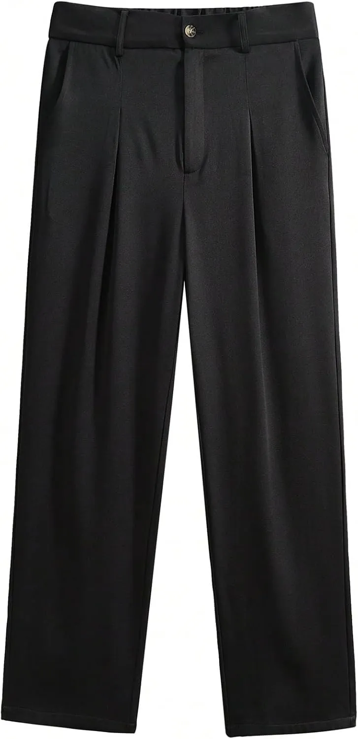 OYOANGLE Men's Pleated Trousers Straight Leg Business Work Office Casual Dress Pants Pockets Long Slacks