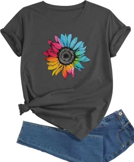Plus Size Sunflower Graphic Tees for Women Cute Dandelion Short Sleeve T-Shirt Crewneck Ladies Tee Tops