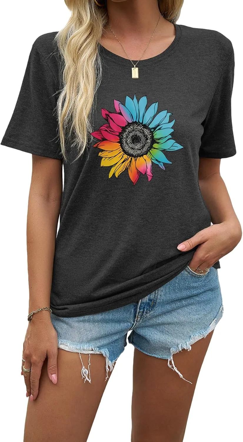 Plus Size Sunflower Graphic Tees for Women Cute Dandelion Short Sleeve T-Shirt Crewneck Ladies Tee Tops