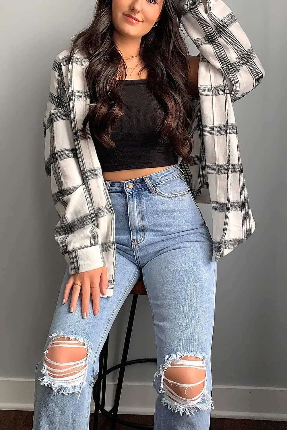 PRETTYGARDEN Women's Fall Clothes Plaid Shacket Jacket Trendy Casual Long Sleeve Button Down Flannel Shirts Fashion Blouse