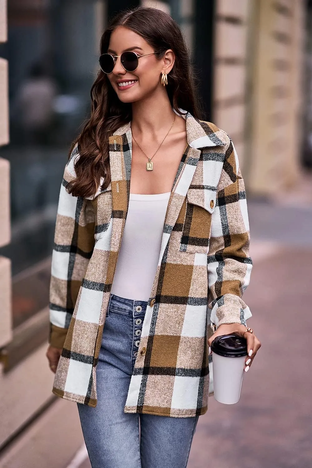 PRETTYGARDEN Women's Fall Clothes Plaid Shacket Jacket Trendy Casual Long Sleeve Button Down Flannel Shirts Fashion Blouse