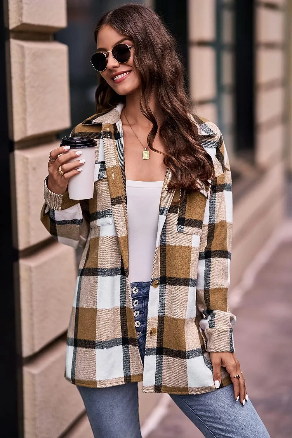 PRETTYGARDEN Women's Fall Clothes Plaid Shacket Jacket Trendy Casual Long Sleeve Button Down Flannel Shirts Fashion Blouse