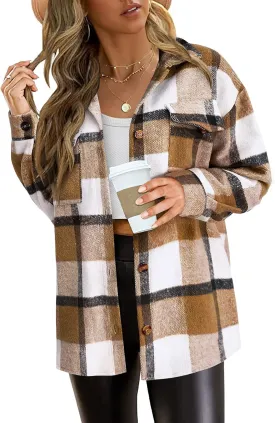 PRETTYGARDEN Women's Fall Clothes Plaid Shacket Jacket Trendy Casual Long Sleeve Button Down Flannel Shirts Fashion Blouse
