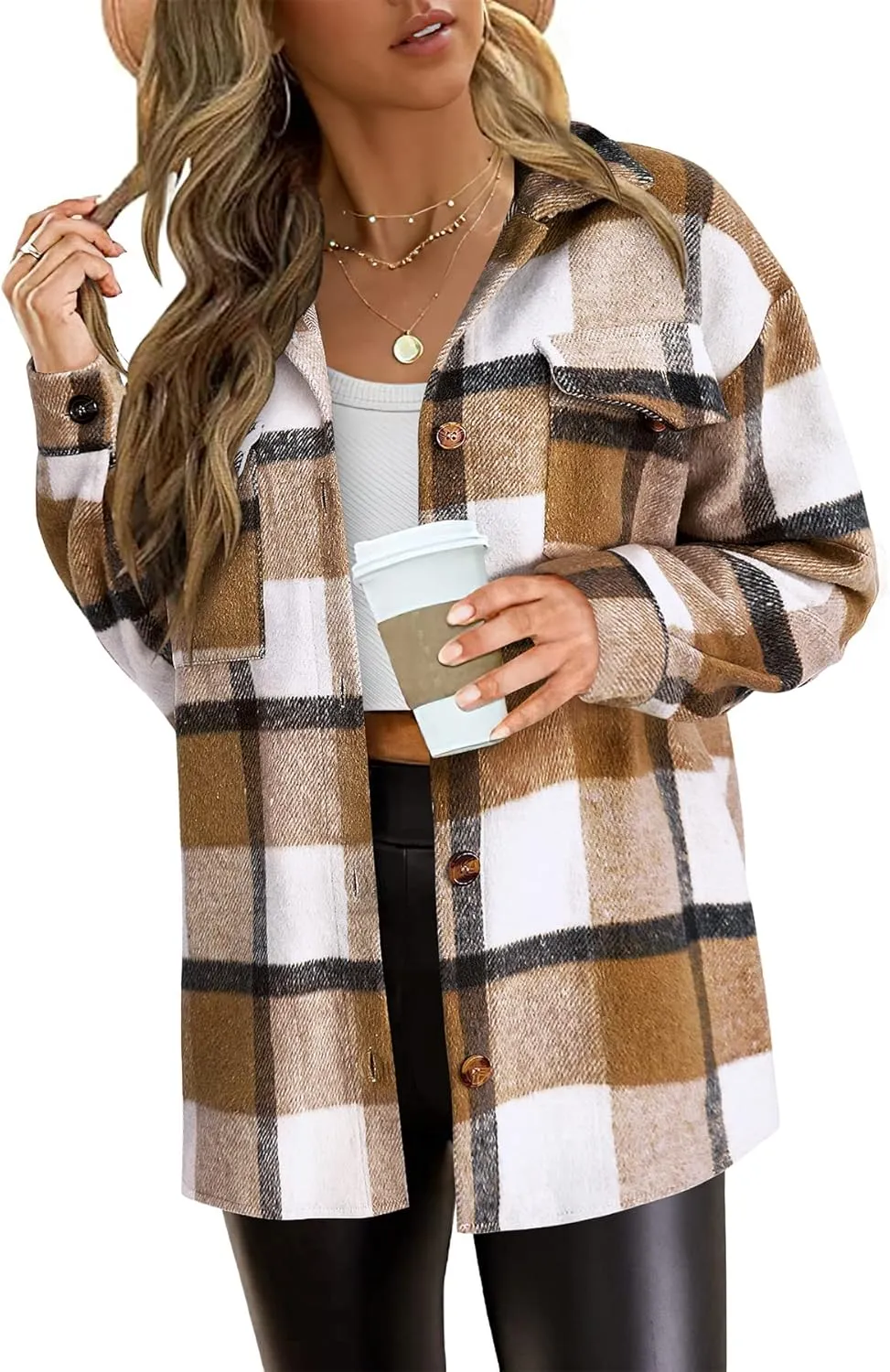 PRETTYGARDEN Women's Fall Clothes Plaid Shacket Jacket Trendy Casual Long Sleeve Button Down Flannel Shirts Fashion Blouse