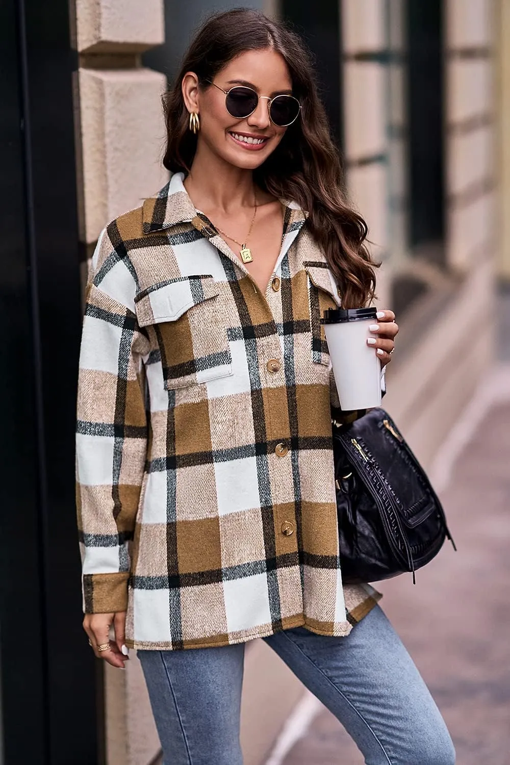 PRETTYGARDEN Women's Fall Clothes Plaid Shacket Jacket Trendy Casual Long Sleeve Button Down Flannel Shirts Fashion Blouse