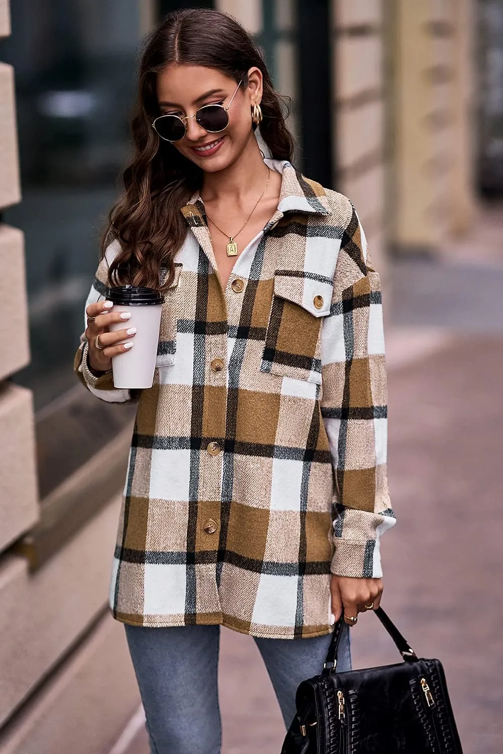PRETTYGARDEN Women's Fall Clothes Plaid Shacket Jacket Trendy Casual Long Sleeve Button Down Flannel Shirts Fashion Blouse