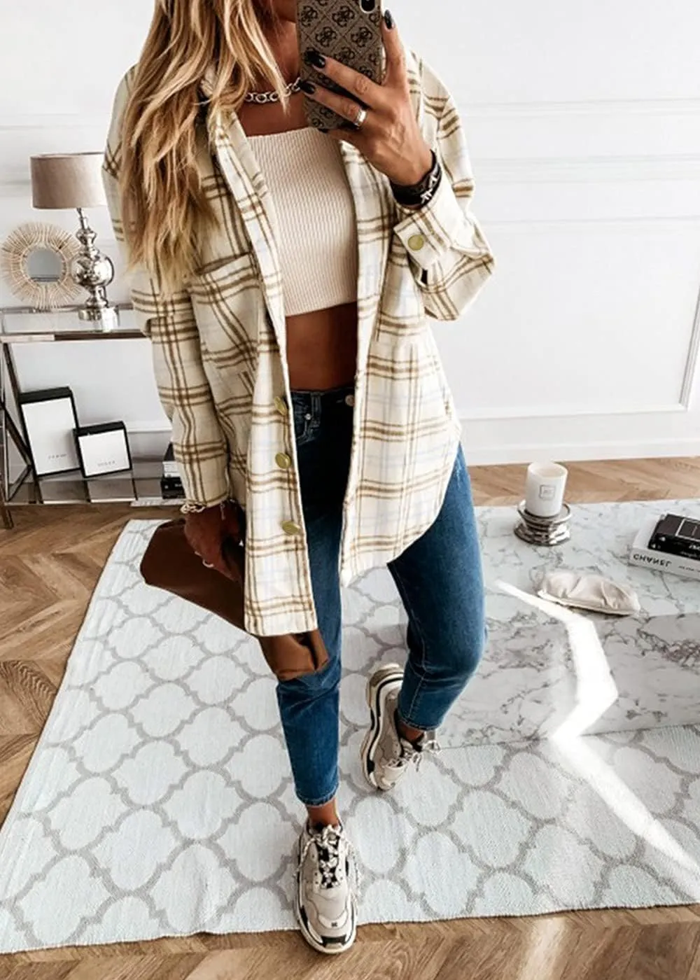 PRETTYGARDEN Women's Fall Clothes Plaid Shacket Jacket Trendy Casual Long Sleeve Button Down Flannel Shirts Fashion Blouse