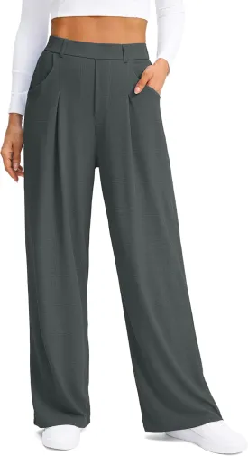 SANTINY Wide Leg Pants Woman Elastic High Waisted Waffle Knit Slacks Business Casual Work Pants Pleated Trousers with Pockets