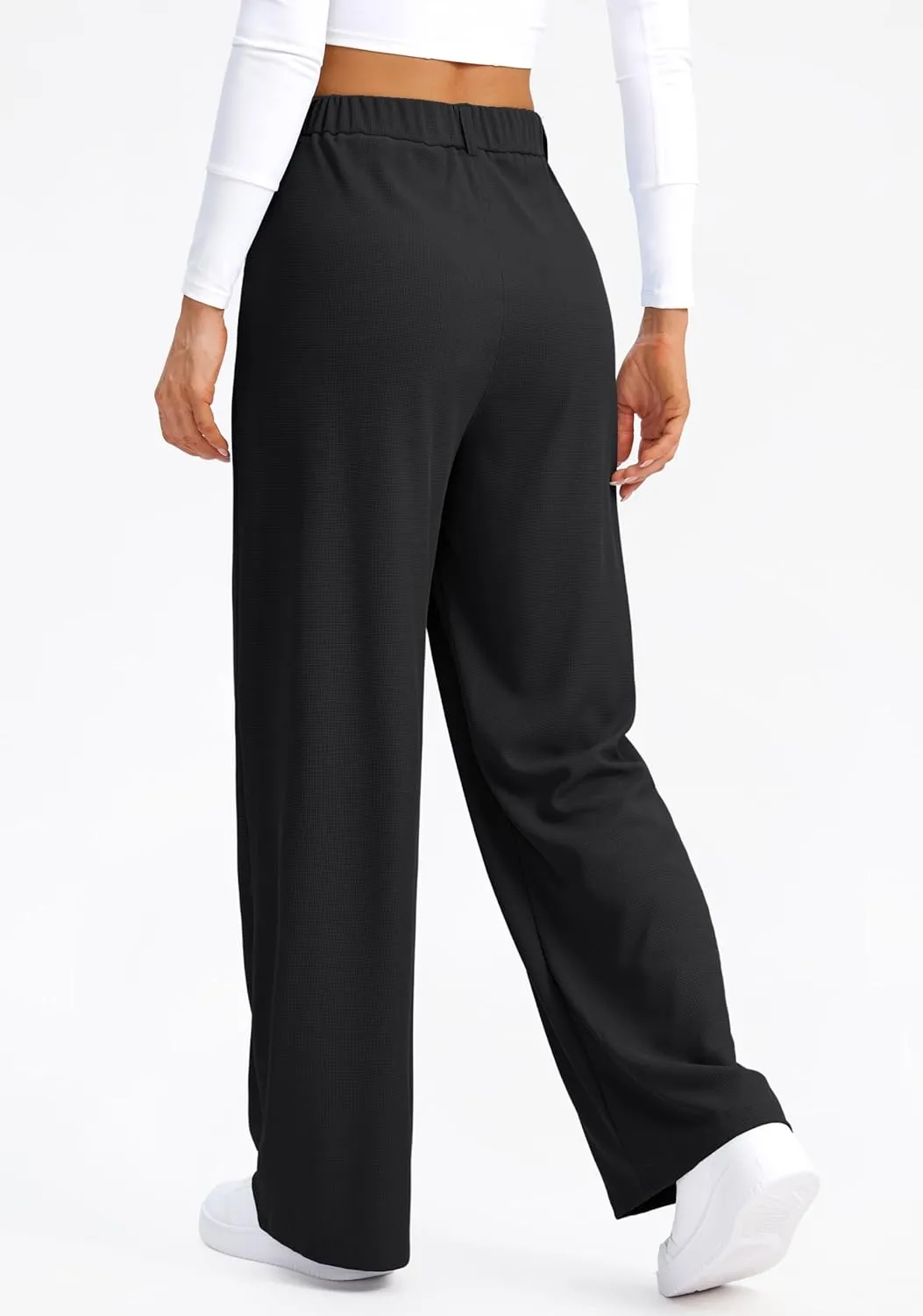 SANTINY Wide Leg Pants Woman Elastic High Waisted Waffle Knit Slacks Business Casual Work Pants Pleated Trousers with Pockets
