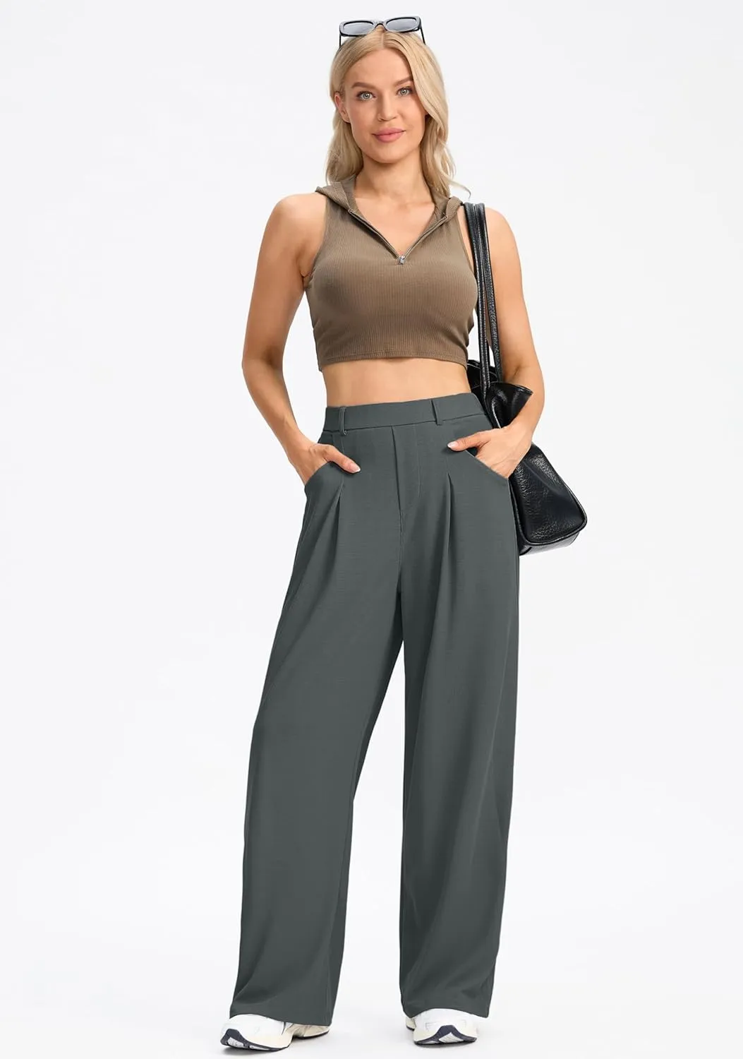 SANTINY Wide Leg Pants Woman Elastic High Waisted Waffle Knit Slacks Business Casual Work Pants Pleated Trousers with Pockets