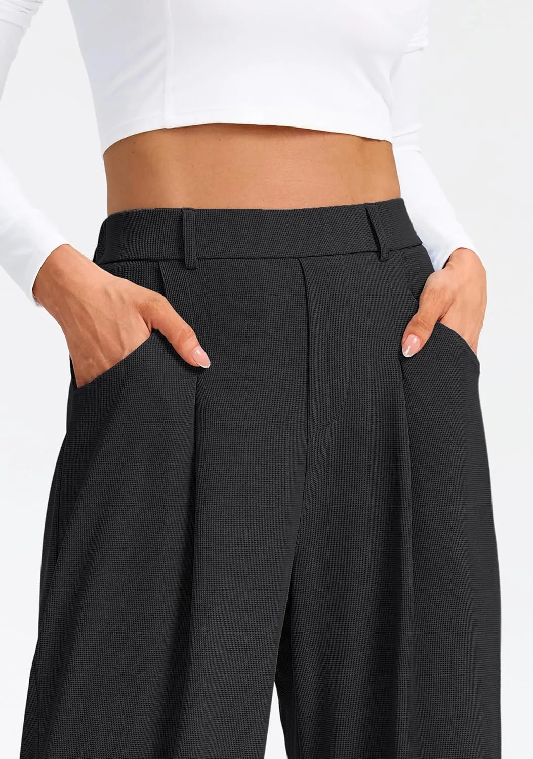 SANTINY Wide Leg Pants Woman Elastic High Waisted Waffle Knit Slacks Business Casual Work Pants Pleated Trousers with Pockets