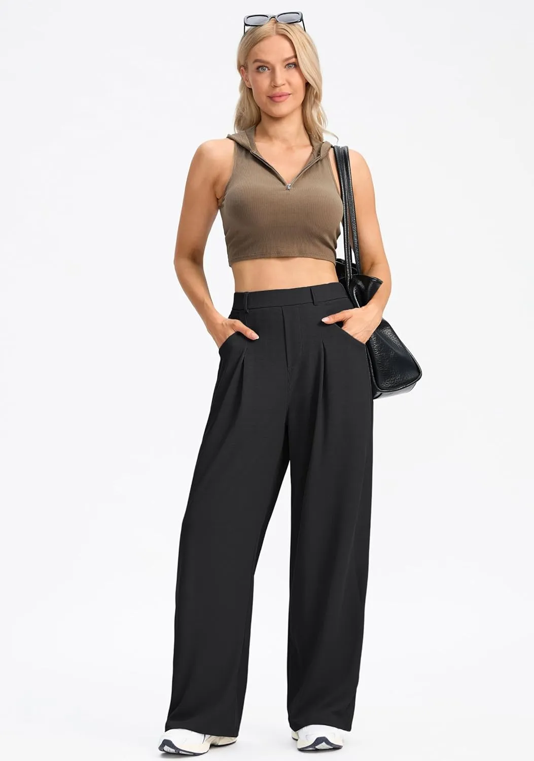 SANTINY Wide Leg Pants Woman Elastic High Waisted Waffle Knit Slacks Business Casual Work Pants Pleated Trousers with Pockets