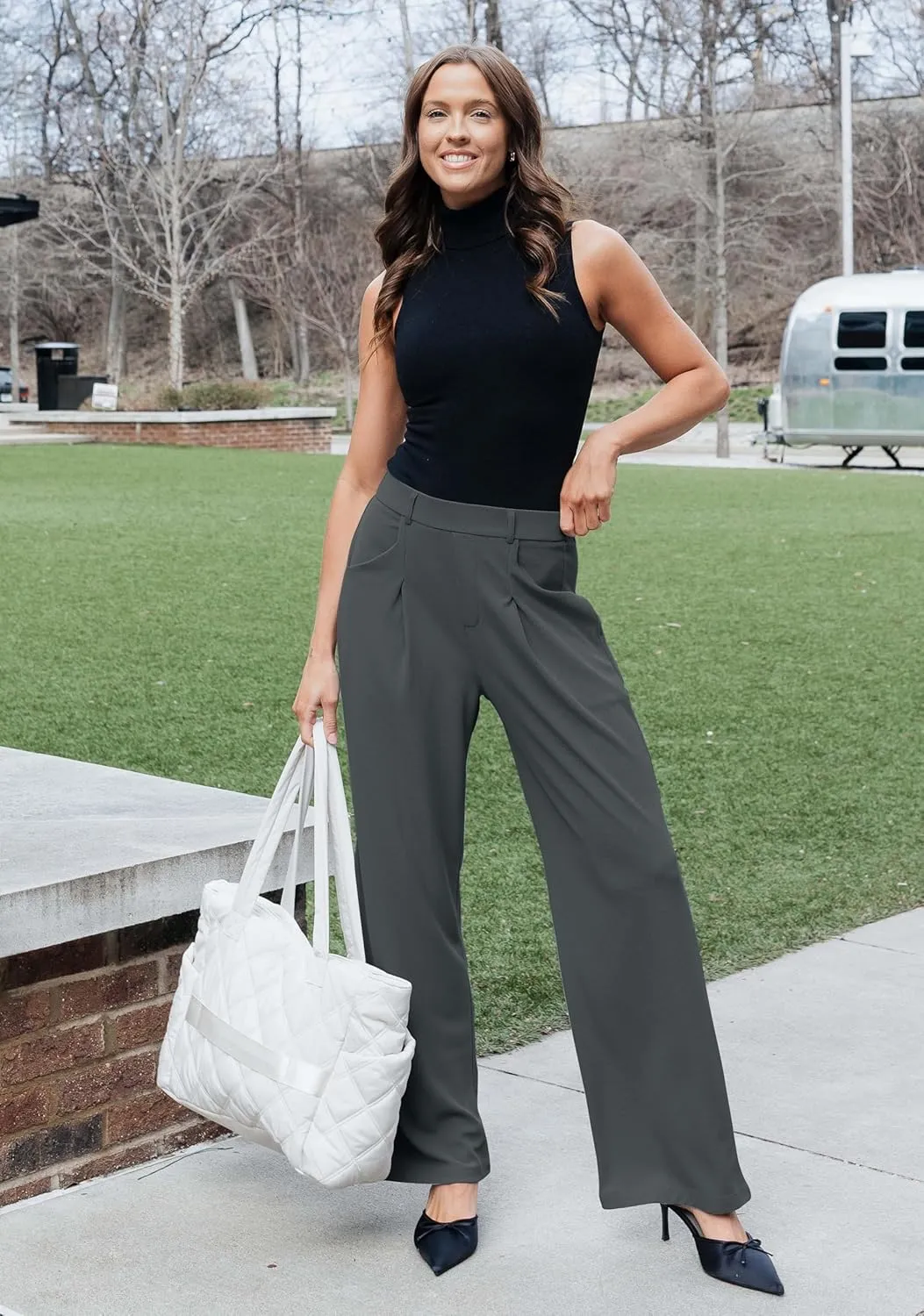 SANTINY Wide Leg Pants Woman Elastic High Waisted Waffle Knit Slacks Business Casual Work Pants Pleated Trousers with Pockets
