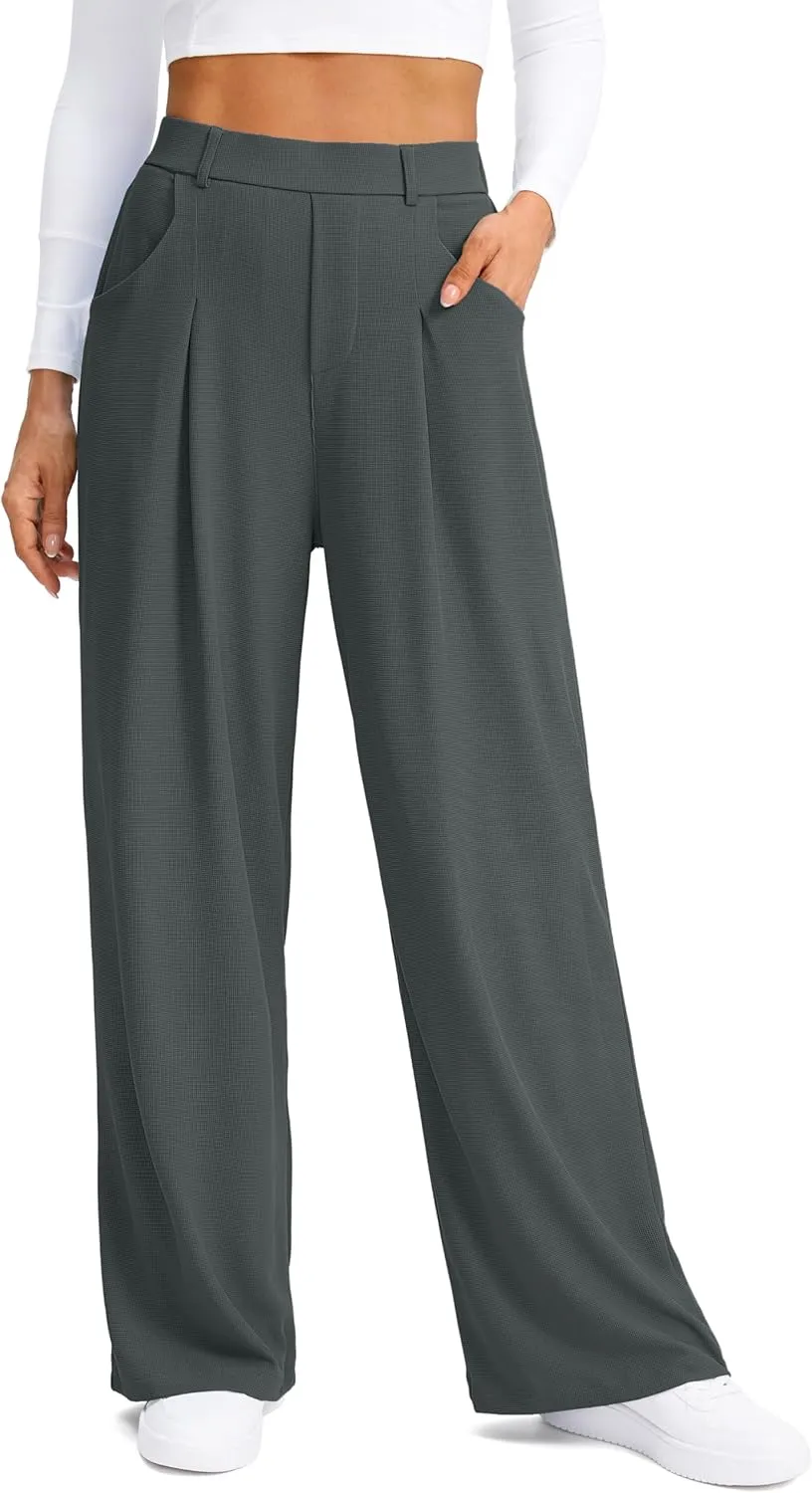 SANTINY Wide Leg Pants Woman Elastic High Waisted Waffle Knit Slacks Business Casual Work Pants Pleated Trousers with Pockets