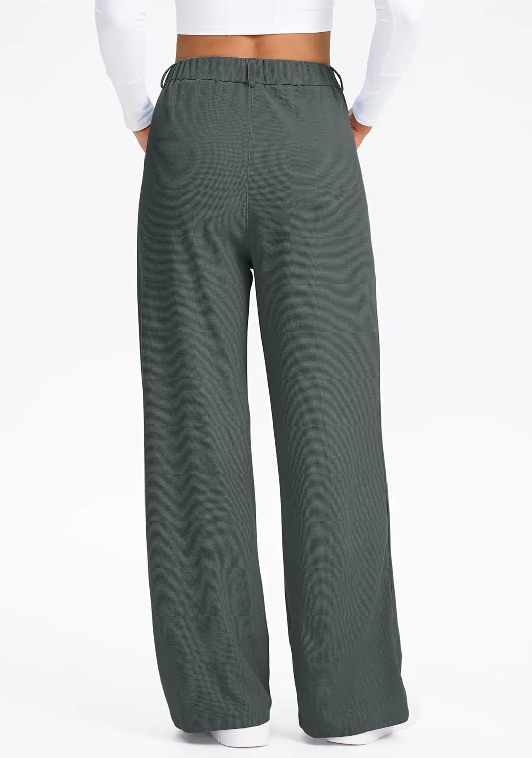 SANTINY Wide Leg Pants Woman Elastic High Waisted Waffle Knit Slacks Business Casual Work Pants Pleated Trousers with Pockets