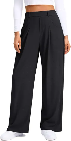 SANTINY Wide Leg Pants Woman Elastic High Waisted Waffle Knit Slacks Business Casual Work Pants Pleated Trousers with Pockets