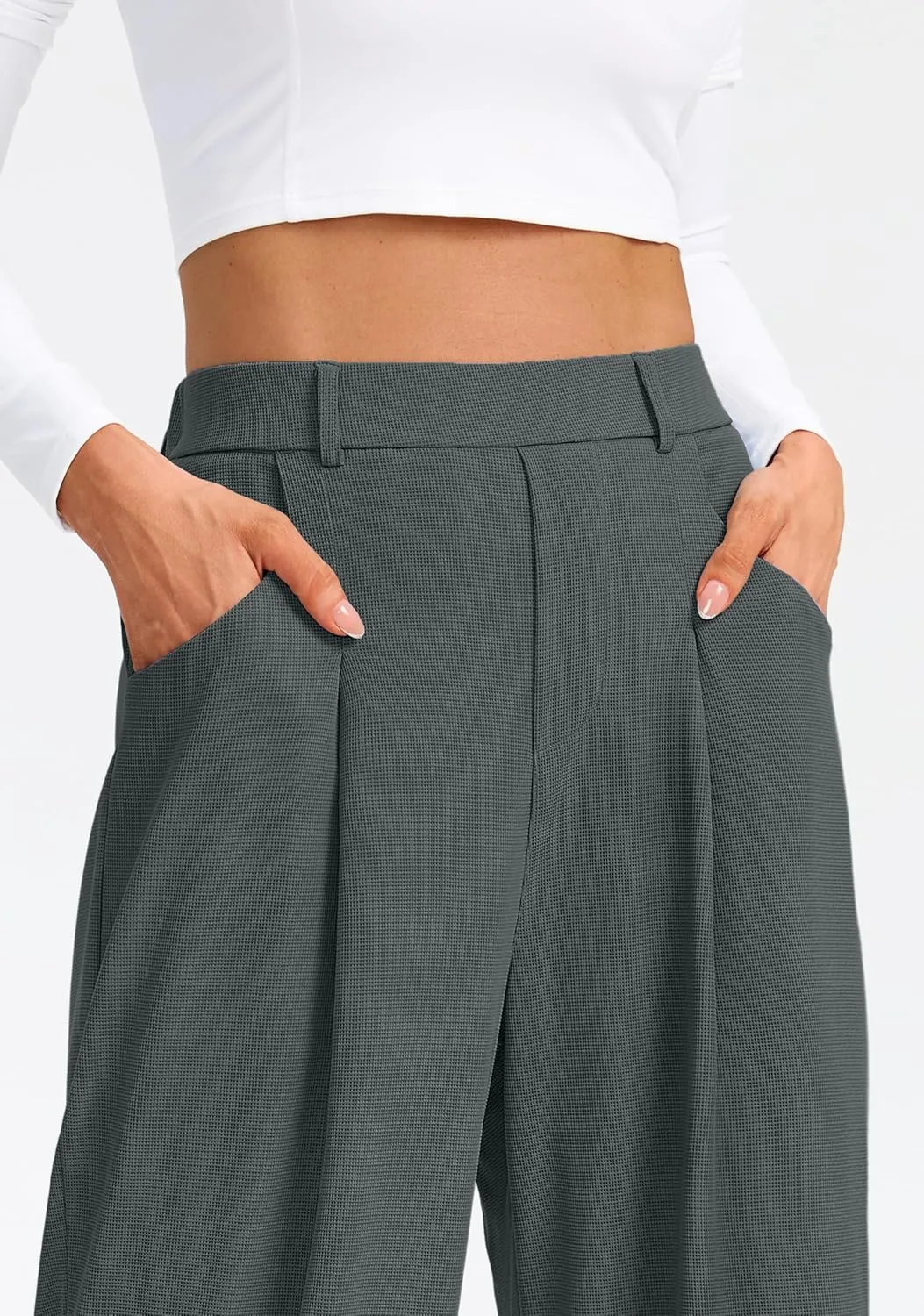 SANTINY Wide Leg Pants Woman Elastic High Waisted Waffle Knit Slacks Business Casual Work Pants Pleated Trousers with Pockets