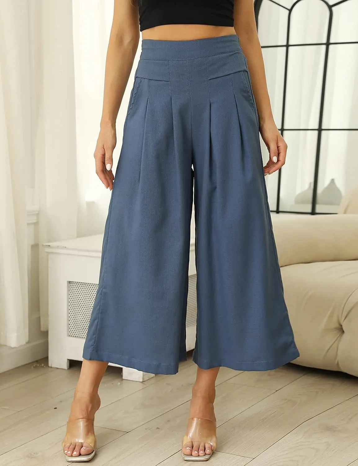 SCUSTY Linen Pants for Women Culottes Capris Wide Leg Palazzo Boho Pants Trousers
