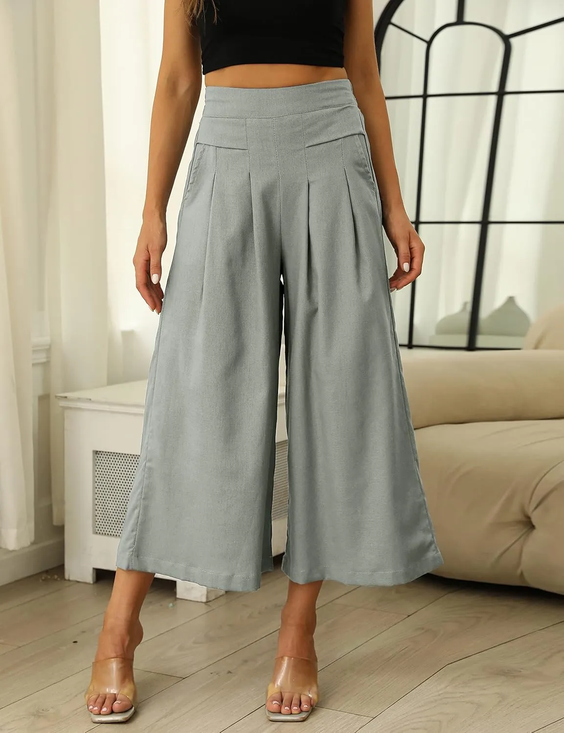 SCUSTY Linen Pants for Women Culottes Capris Wide Leg Palazzo Boho Pants Trousers