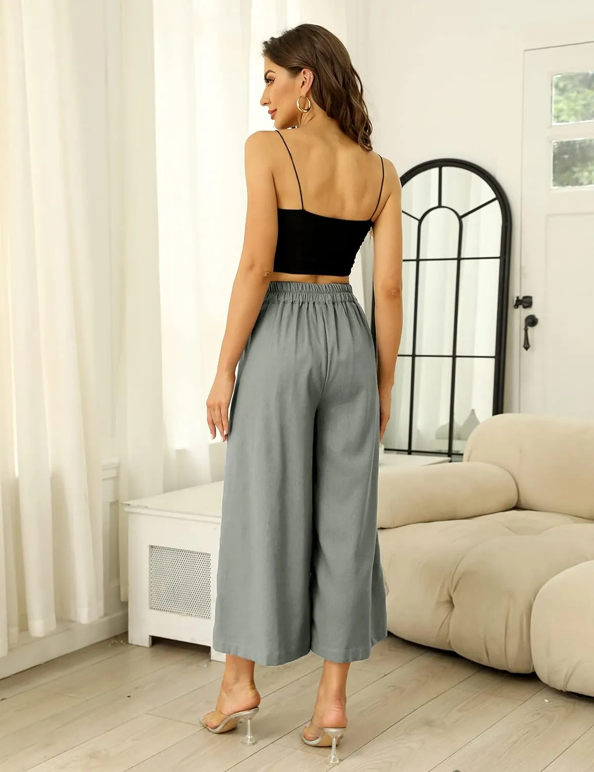 SCUSTY Linen Pants for Women Culottes Capris Wide Leg Palazzo Boho Pants Trousers