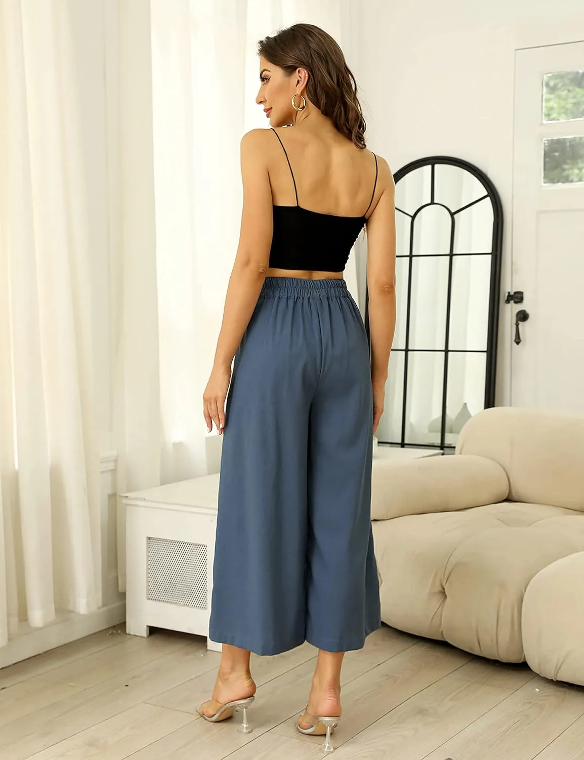 SCUSTY Linen Pants for Women Culottes Capris Wide Leg Palazzo Boho Pants Trousers