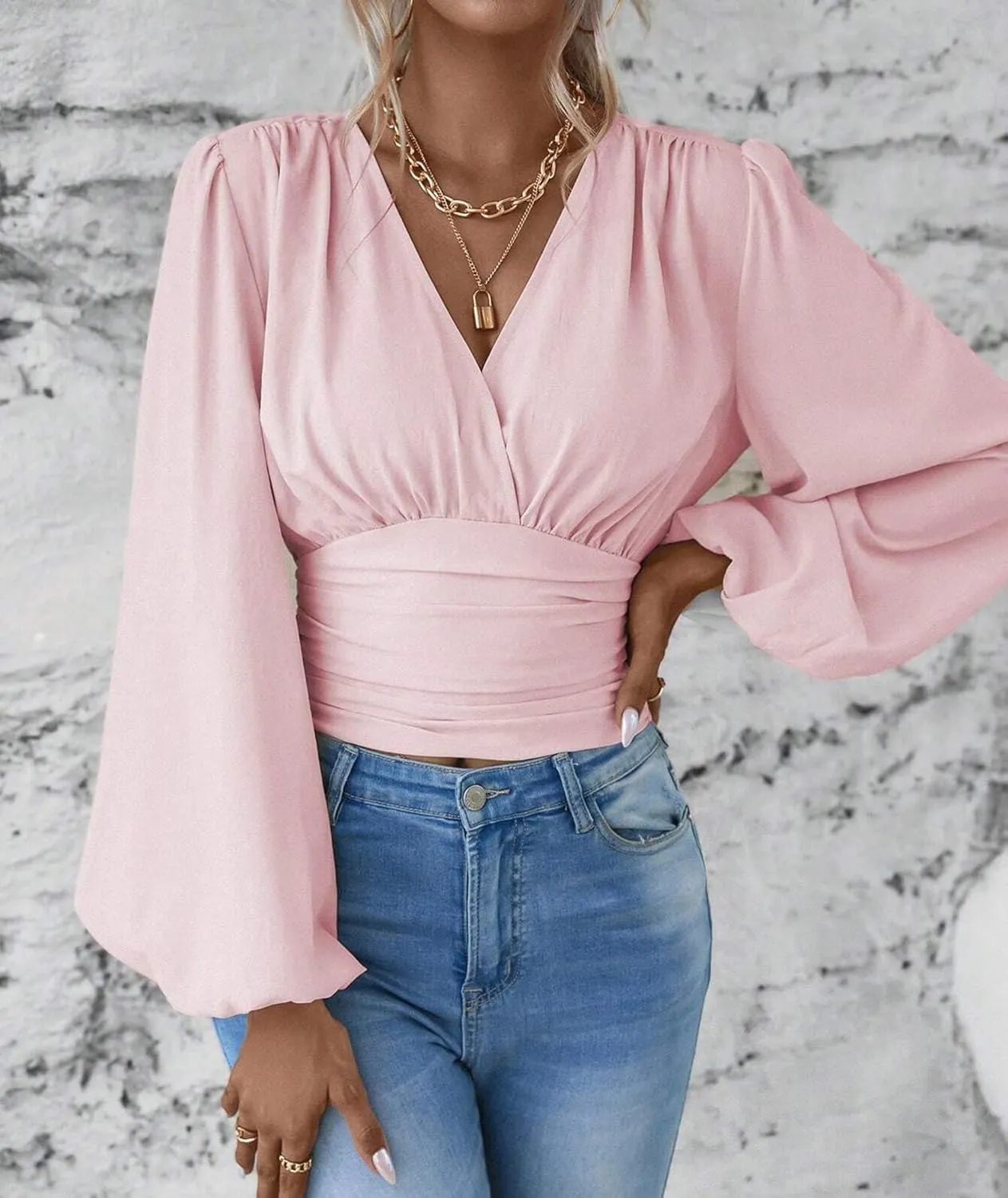 SEMATOMALA Women's Wrap V Neck Lantern Long Sleeve Cropped Blouse Dressy Elegant Ruched Shirred Shirt Tops