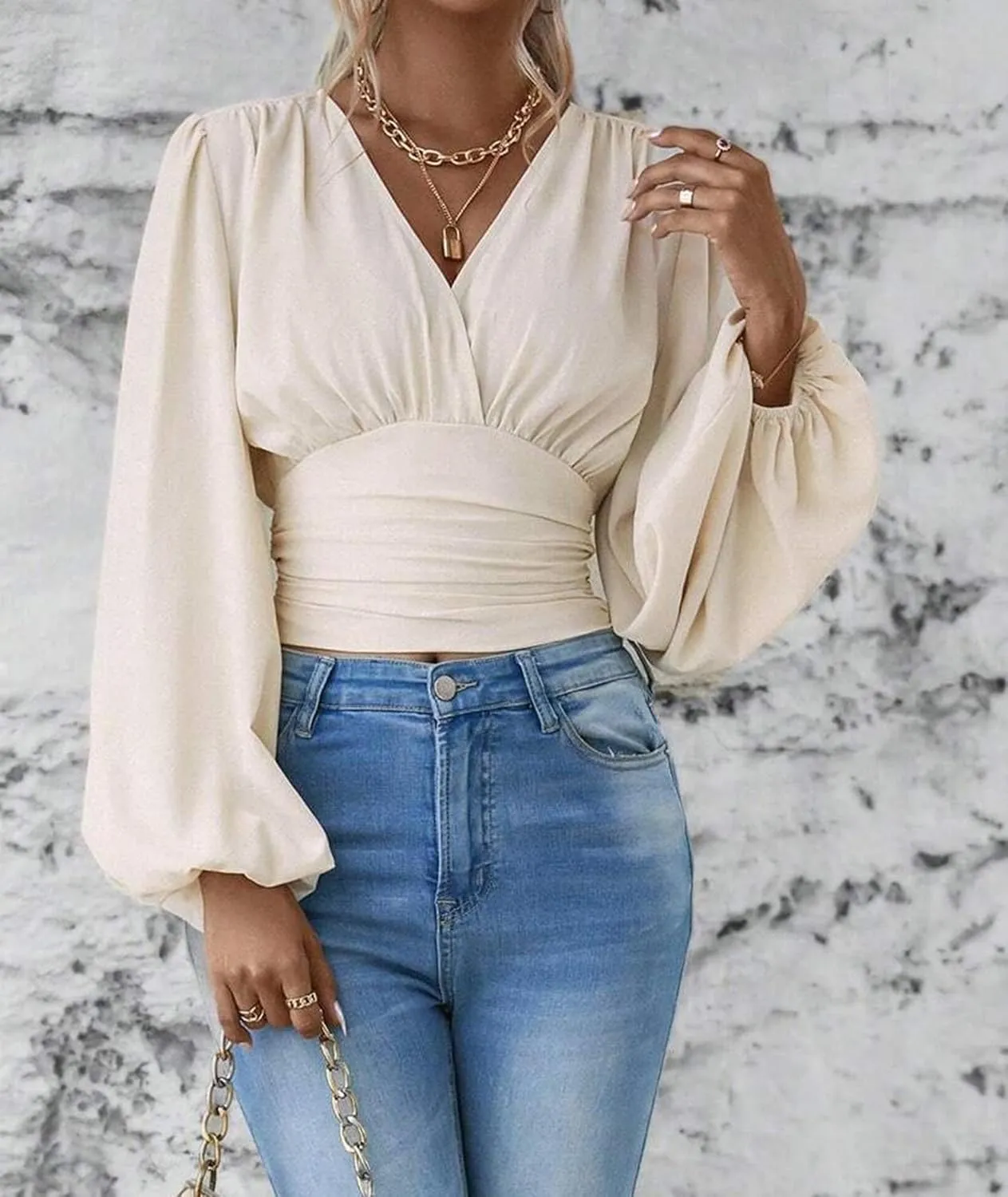 SEMATOMALA Women's Wrap V Neck Lantern Long Sleeve Cropped Blouse Dressy Elegant Ruched Shirred Shirt Tops