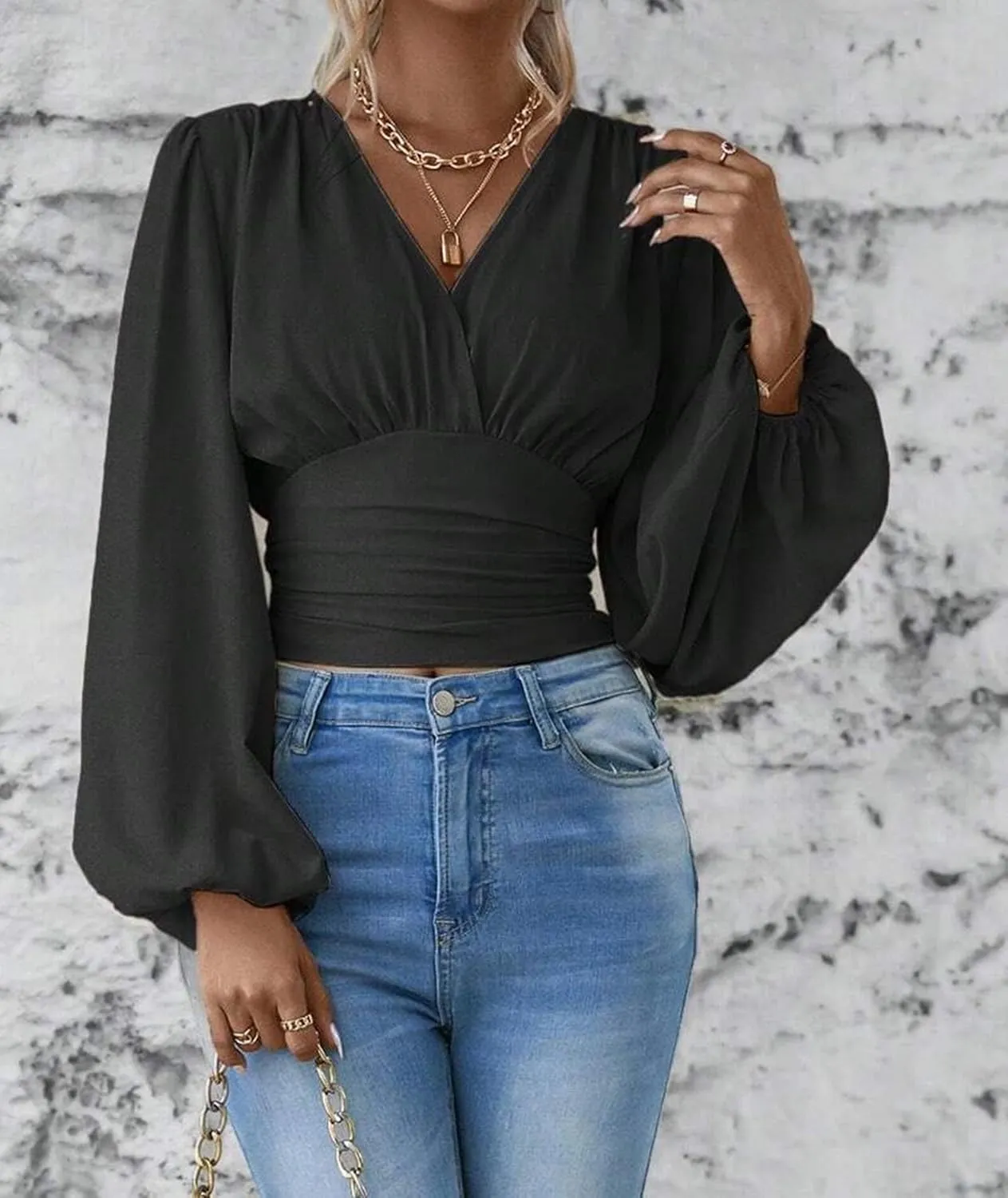 SEMATOMALA Women's Wrap V Neck Lantern Long Sleeve Cropped Blouse Dressy Elegant Ruched Shirred Shirt Tops